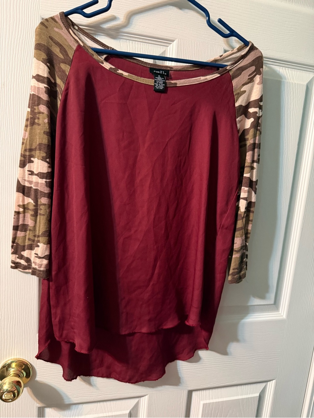 Rue21 Burgundy Top with Camo Raglan Sleeves